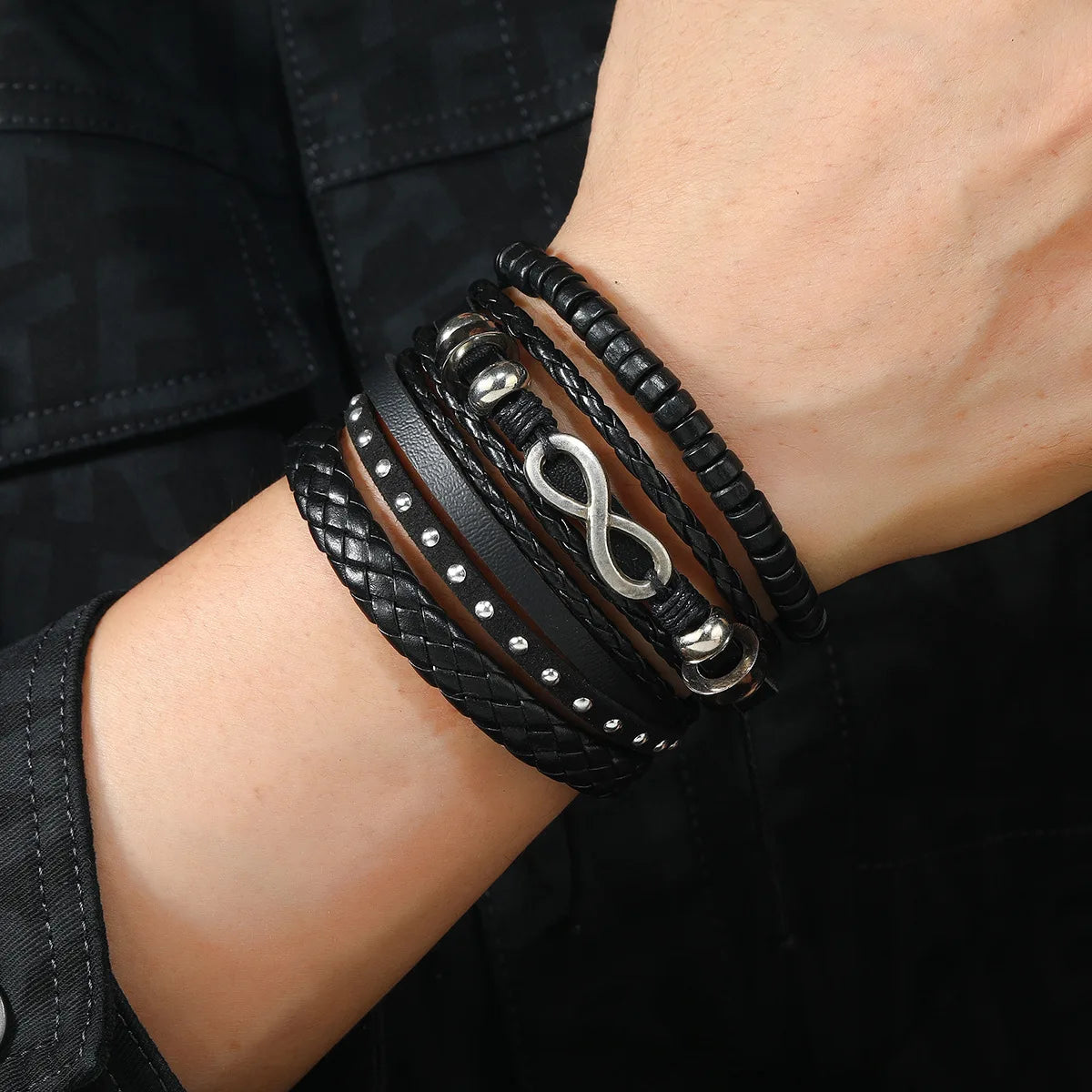 Black 6/4PCS 3Style PU Wodeen Braided Wrap Leather Bracelet for Men Vintage Life Wood Beads Fashion Male Armband