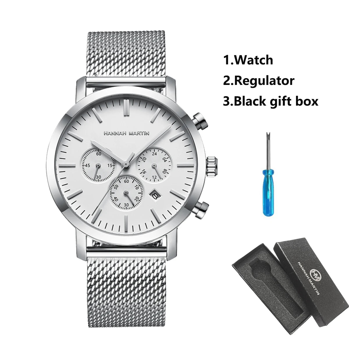 White Smoke HANNAH MARTIN Brand Top Men Watch Black Stainless Steel Fashion Waterproof Sports Multifunctional Quartz Watch Relogio Masculino