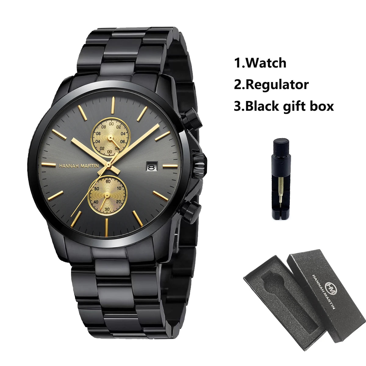 White Smoke HANNAH MARTIN Brand Top Men Watch Black Stainless Steel Fashion Waterproof Sports Multifunctional Quartz Watch Relogio Masculino