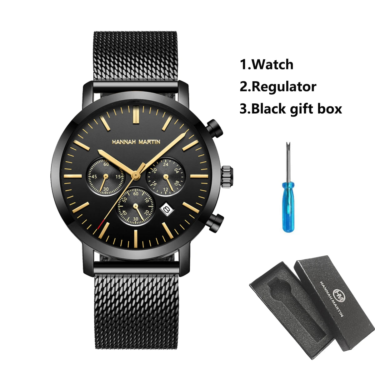 White Smoke HANNAH MARTIN Brand Top Men Watch Black Stainless Steel Fashion Waterproof Sports Multifunctional Quartz Watch Relogio Masculino
