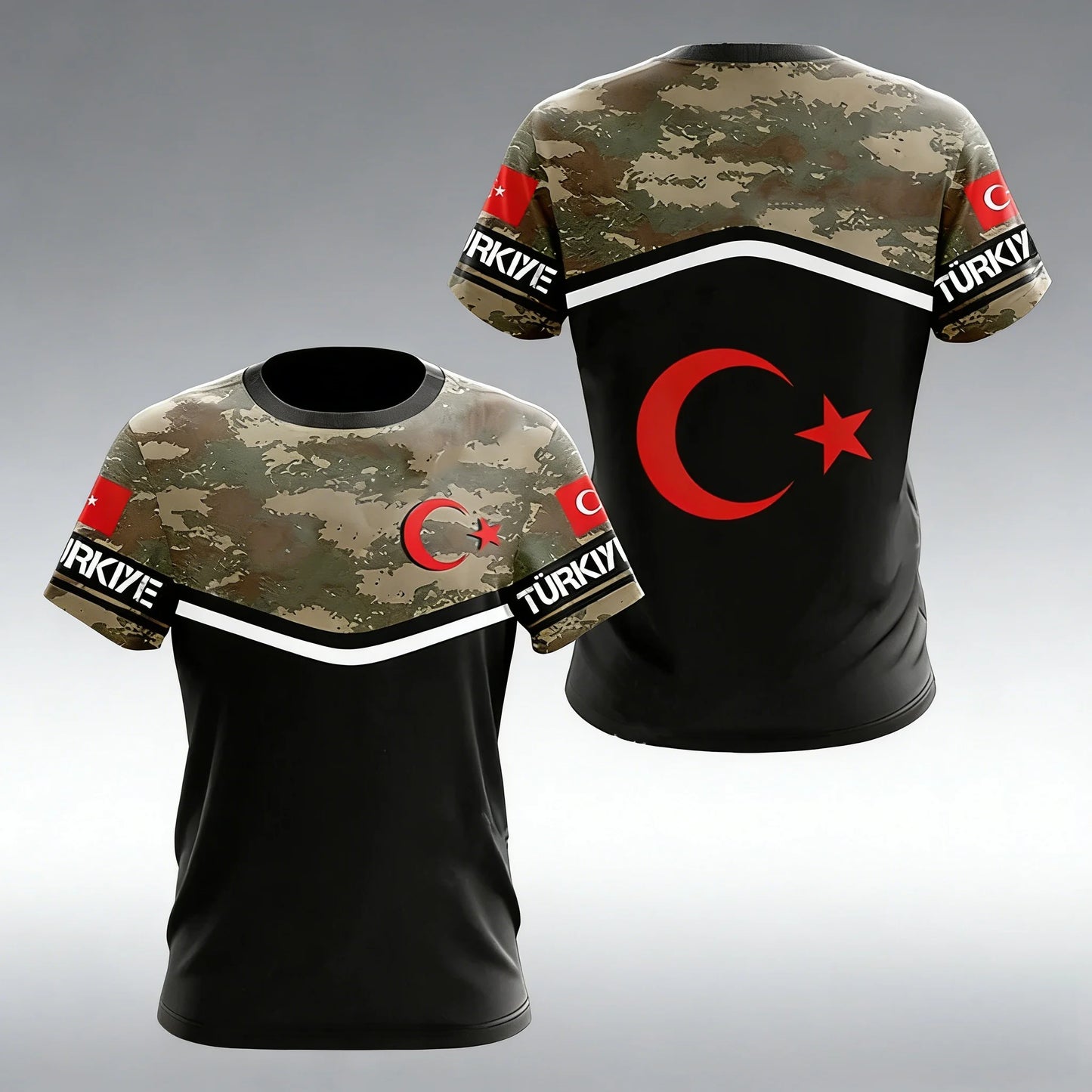 Men's T-shirts with Turkish flag camouflage print, Summer clothing with a crew neck, Fashionable plus-size short-sleeve tops
