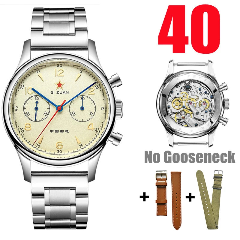 White Smoke RED STAR 38mm Men's 1963 Chronograph Mechanical Watch Pilot with Seagull Movement ST1901 Air Force Aviation Sapphire Goose 40mm