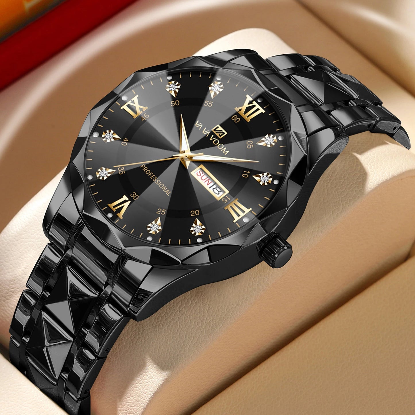 Rosy Brown 2024 New Men's Watch Fashion Rivet Stainless Steel Strap Luxury Water Diamond Diamond Luminous Blue Gold Dial Business Men Watch