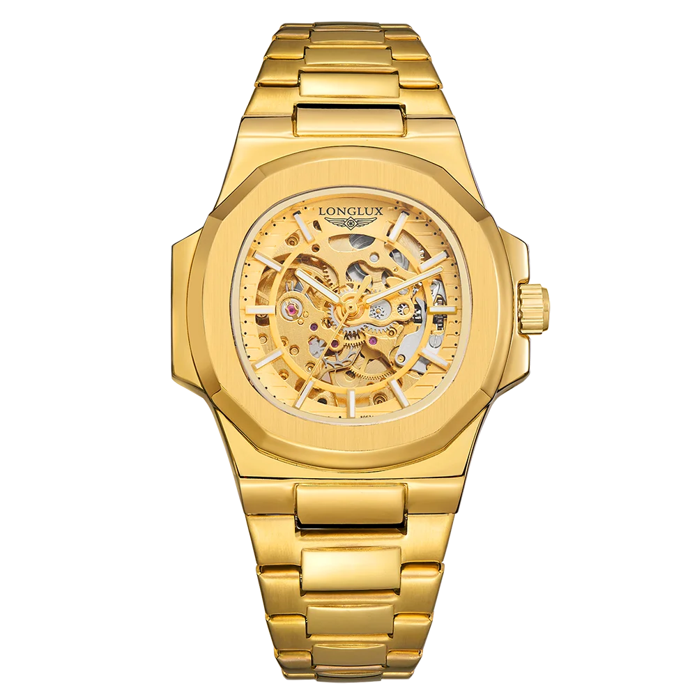 Black LONGLUX Men automatic mechanical watch luxury watches waterproof skeleton business cheap wholesale stainless steel gift watch