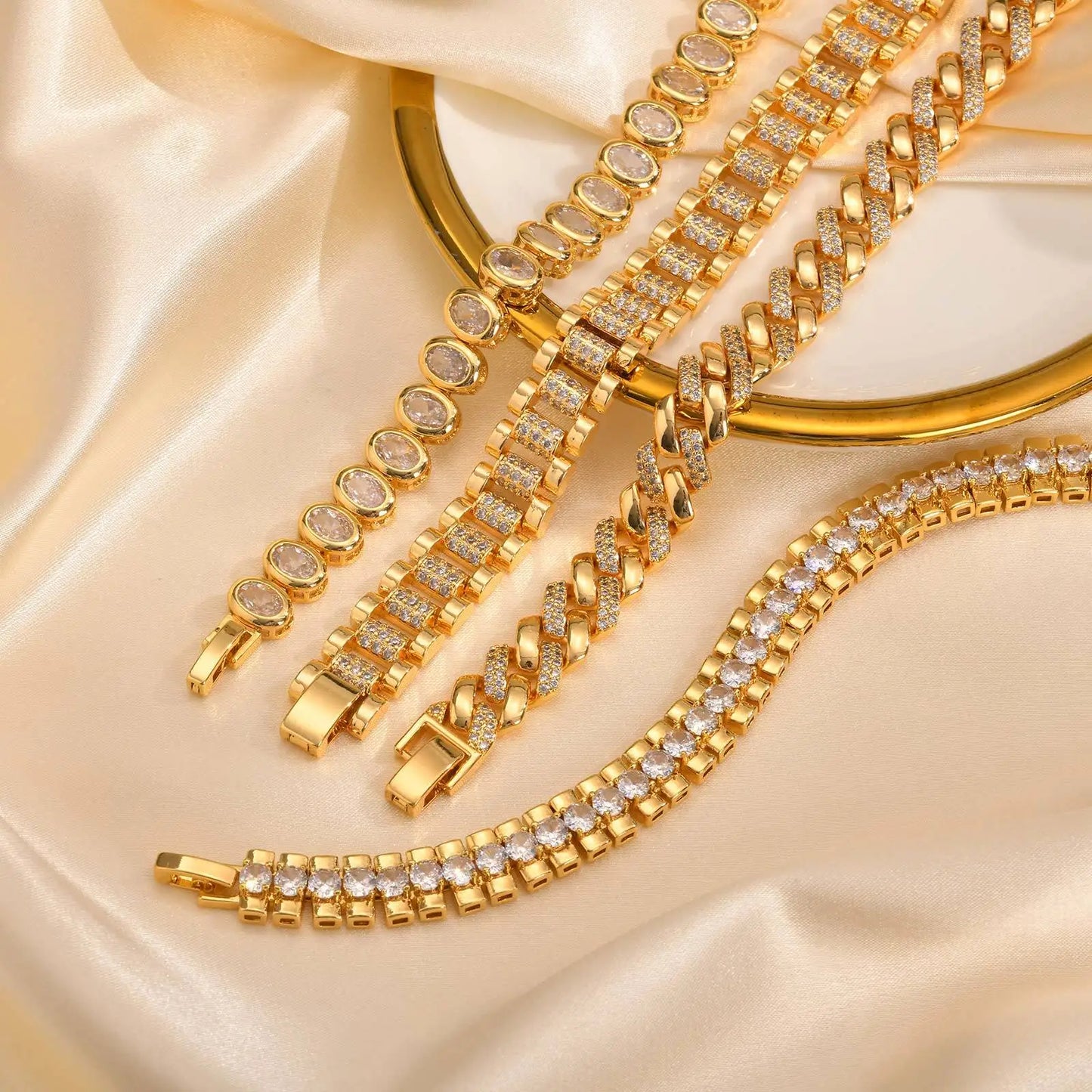 Wheat Paperclip Chain Bracelet 14K Gold Plated Cubic Zirconia Watch Strap Chunky Link Adjustable Stackable Jewelry For Women Girl Gift