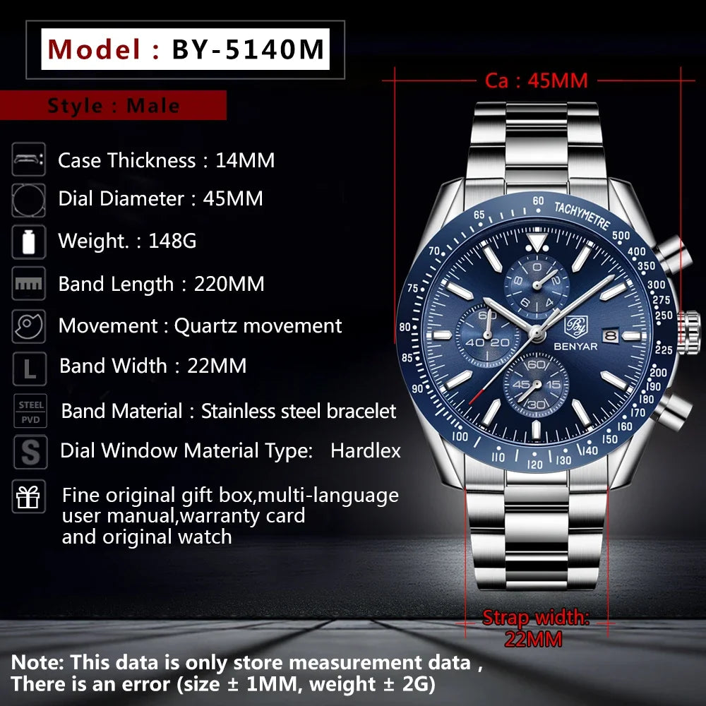 Black Men Watch BENYAR Top Brand Luxury Full Steel Business Quartz Watch Men Casual Waterproof Sports Watches Clock Relogio Masculino