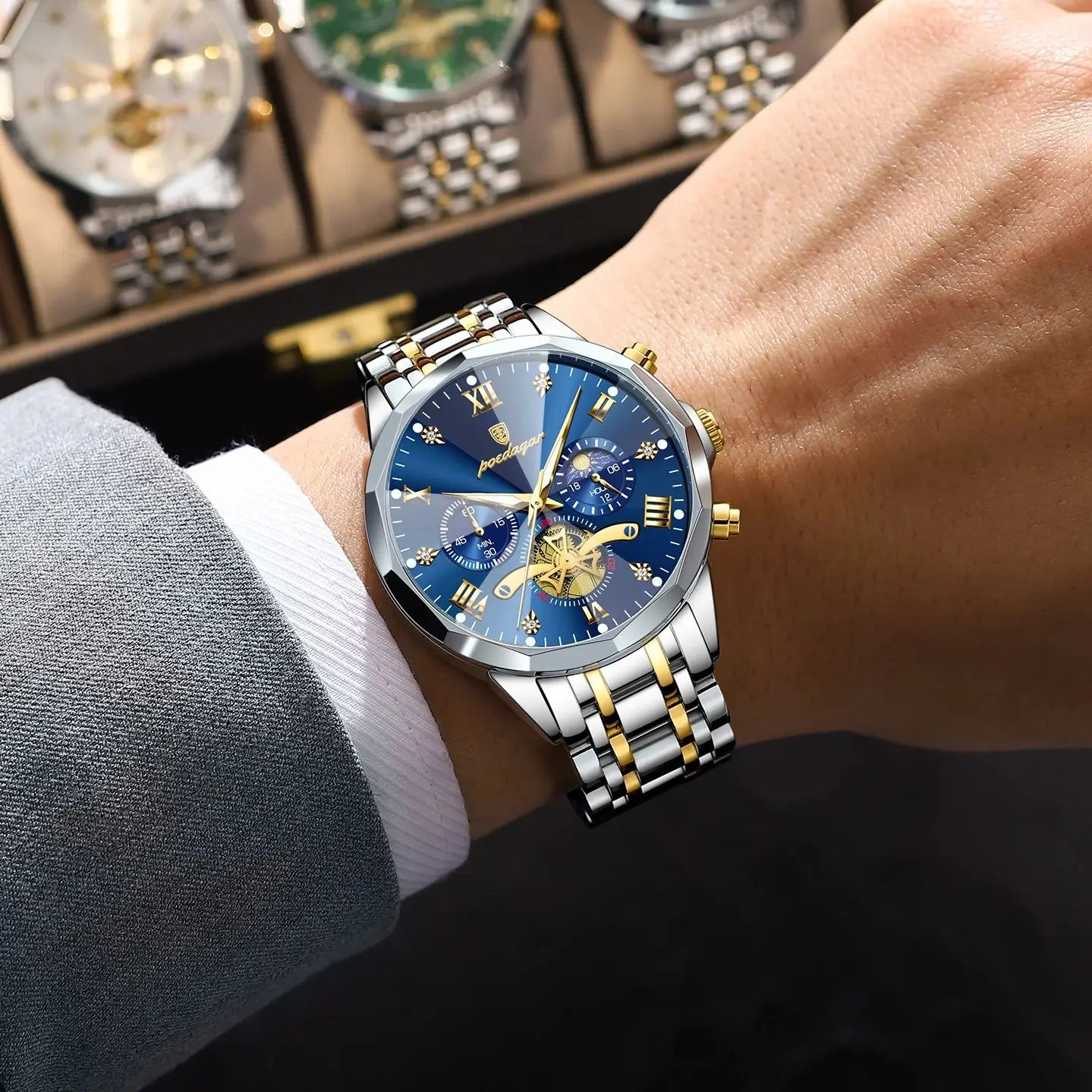 Black POEDAGAR Luxury Men Watch Top Original Waterproof Luminous Chronograph Man Wristwatch Stainless Steel Quartz Men's Watches Reloj