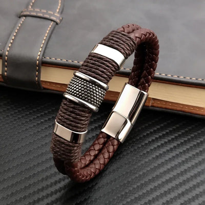 Dark Slate Gray Luxury Vintage Multilayer Brown Leather Stainless Steel  Men Bracelet Bead Bracelet Jewelry Male Wrist Bangle Christmas Gifts