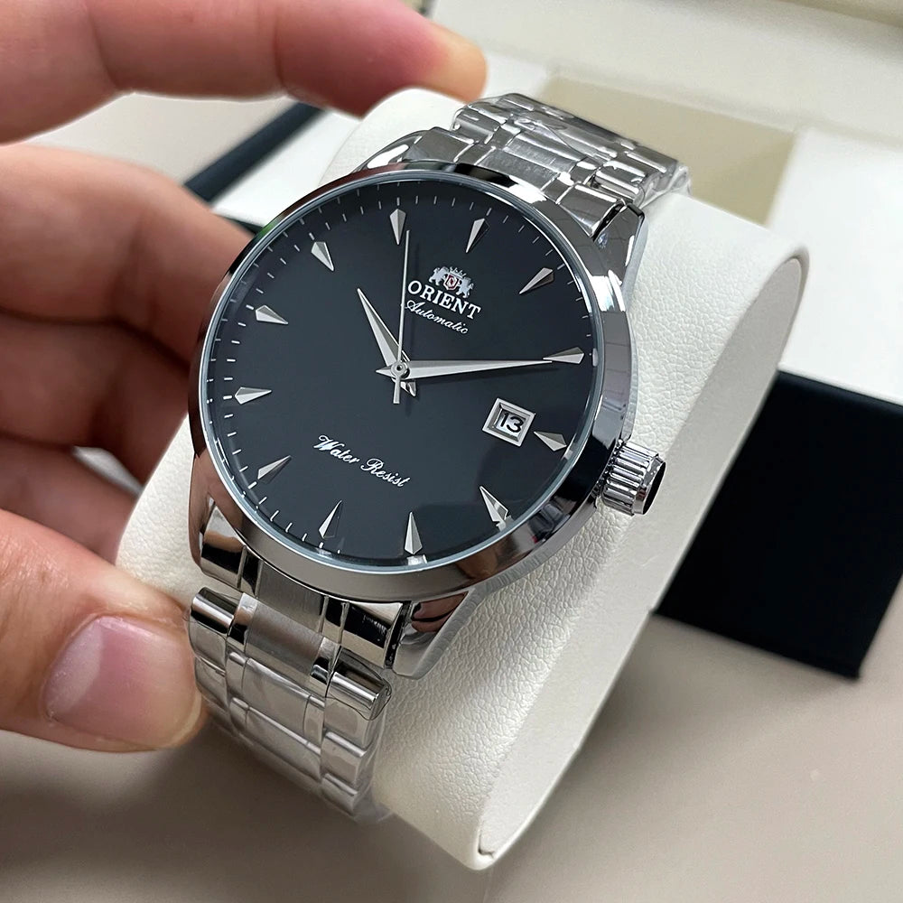 Black Orient Automatic Men's Watch, Black Dial Stainless Steel Band, Water Resistant Classic Business Wristwatch with Date Display