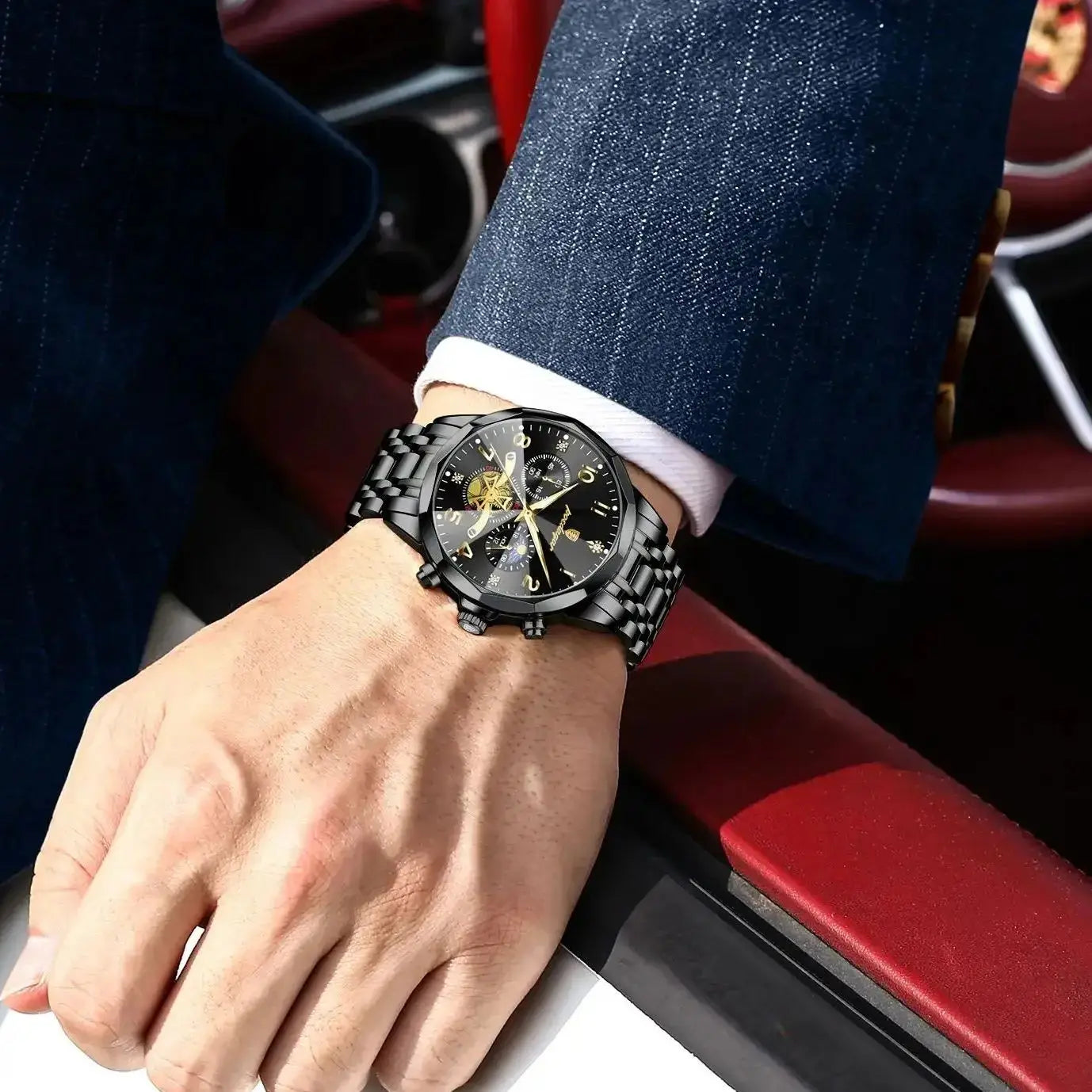 Black POEDAGAR Luxury High Quality Man Wristwatch Chronograph Stainless Steel Quartz Men's Watches Waterproof Luminous Men Clock Reloj