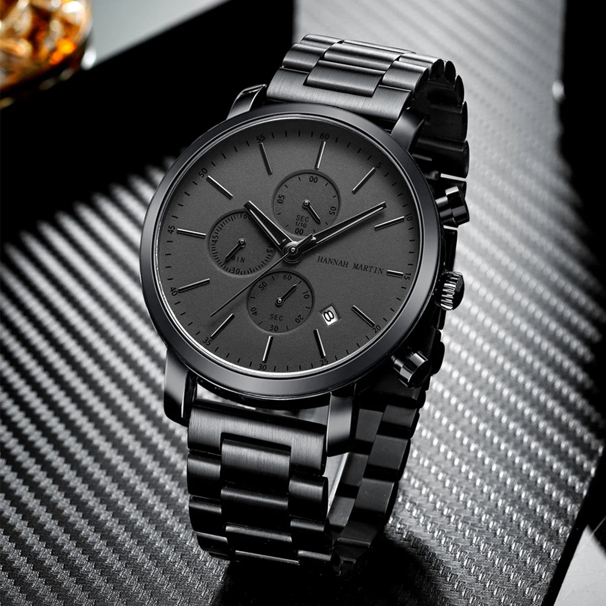 Black HANNAH MARTIN Brand Top Men Watch Black Stainless Steel Fashion Waterproof Sports Multifunctional Quartz Watch Relogio Masculino