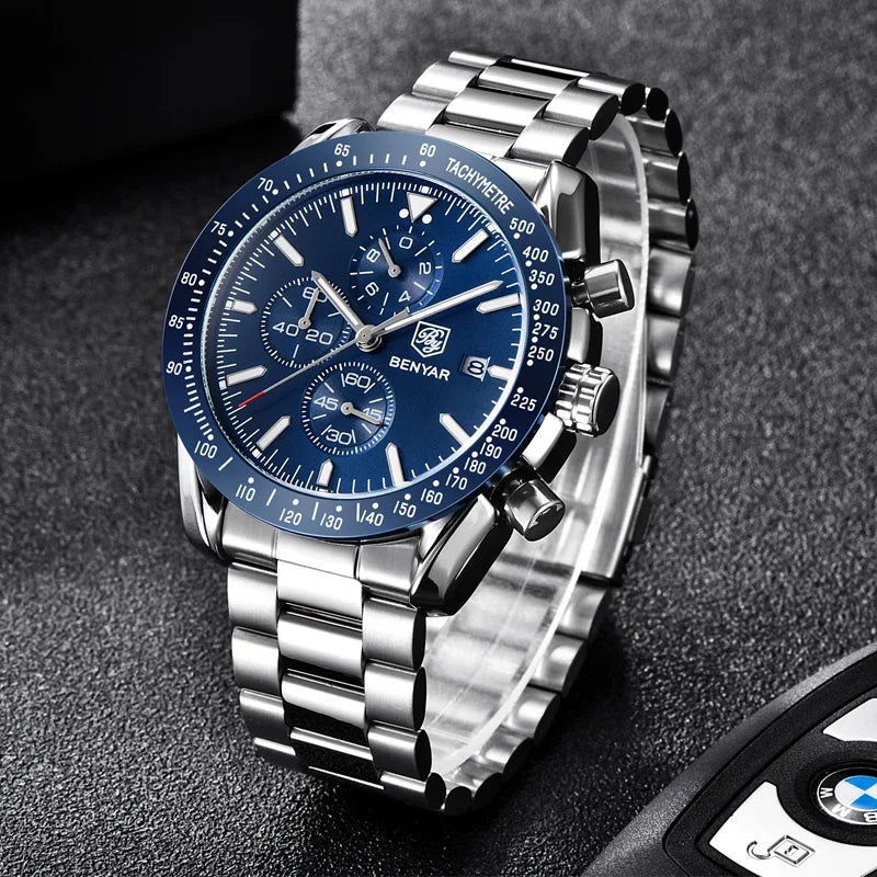 Black Men Watch BENYAR Top Brand Luxury Full Steel Business Quartz Watch Men Casual Waterproof Sports Watches Clock Relogio Masculino