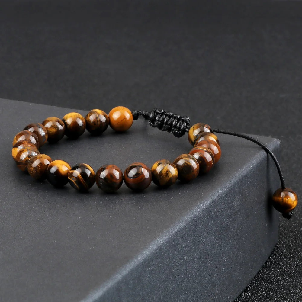 Dim Gray 8mm Tiger Eye Stone Beads Bracelet Adjustable Braided Rope Bangles Natural Lava Rock Men Women Yoga Healing Balance Bracelets