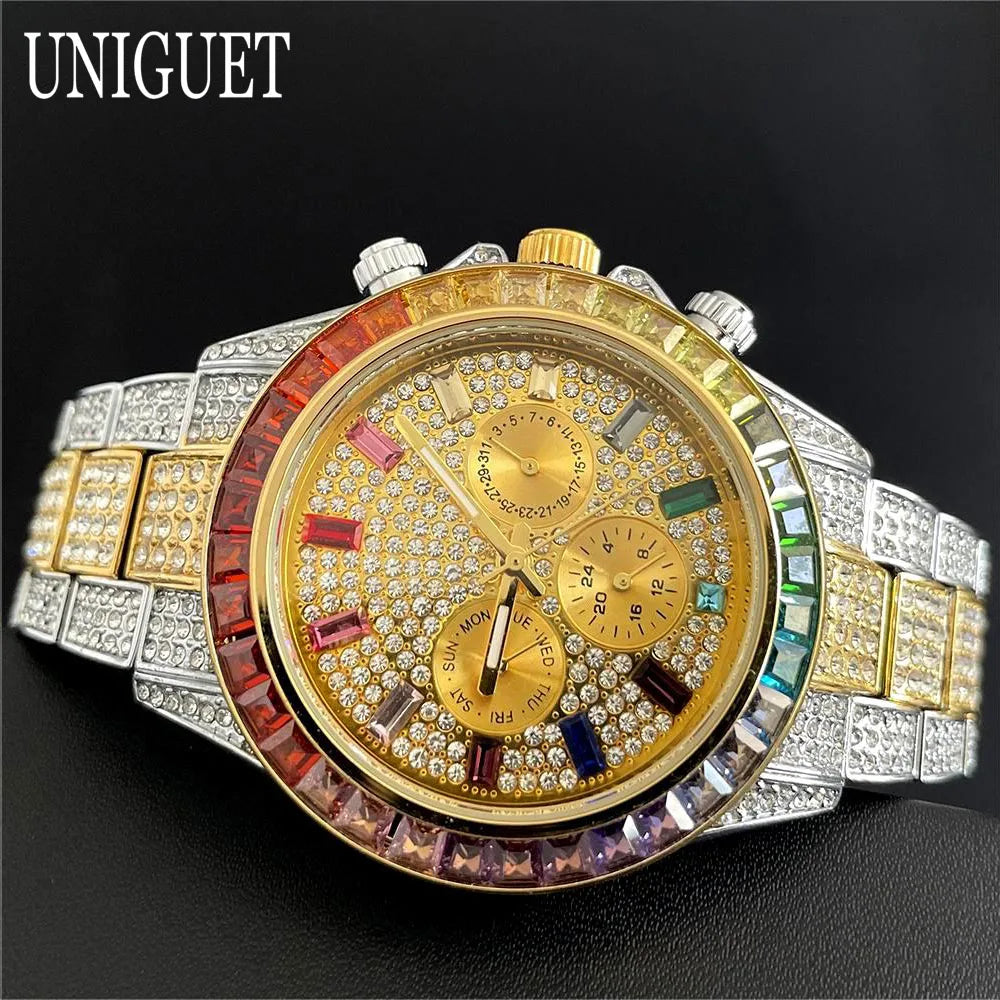Black Hot Fashion Green Watches Men Brand UNIGUET Luxury Stainless Steel Hip Hop Rainbow Diamond Quartz Wristwatch Male Dropshipping