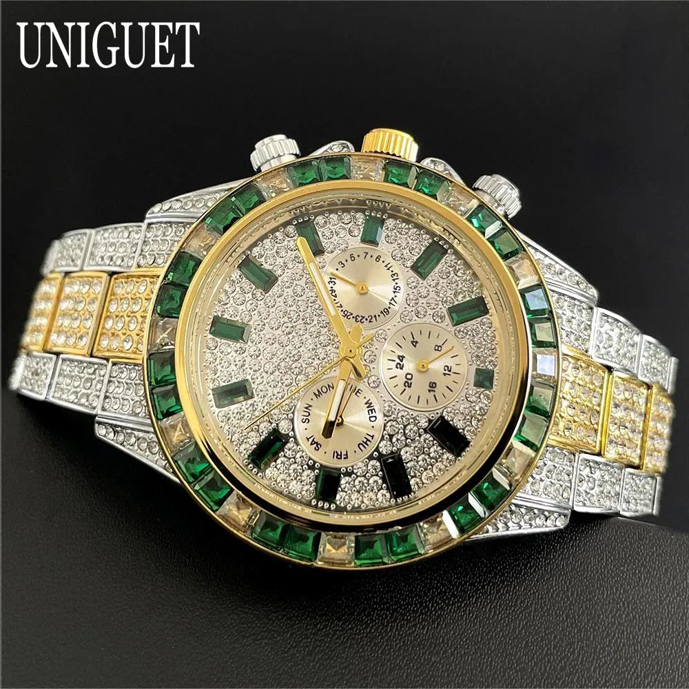 Black Hot Fashion Green Watches Men Brand UNIGUET Luxury Stainless Steel Hip Hop Rainbow Diamond Quartz Wristwatch Male Dropshipping