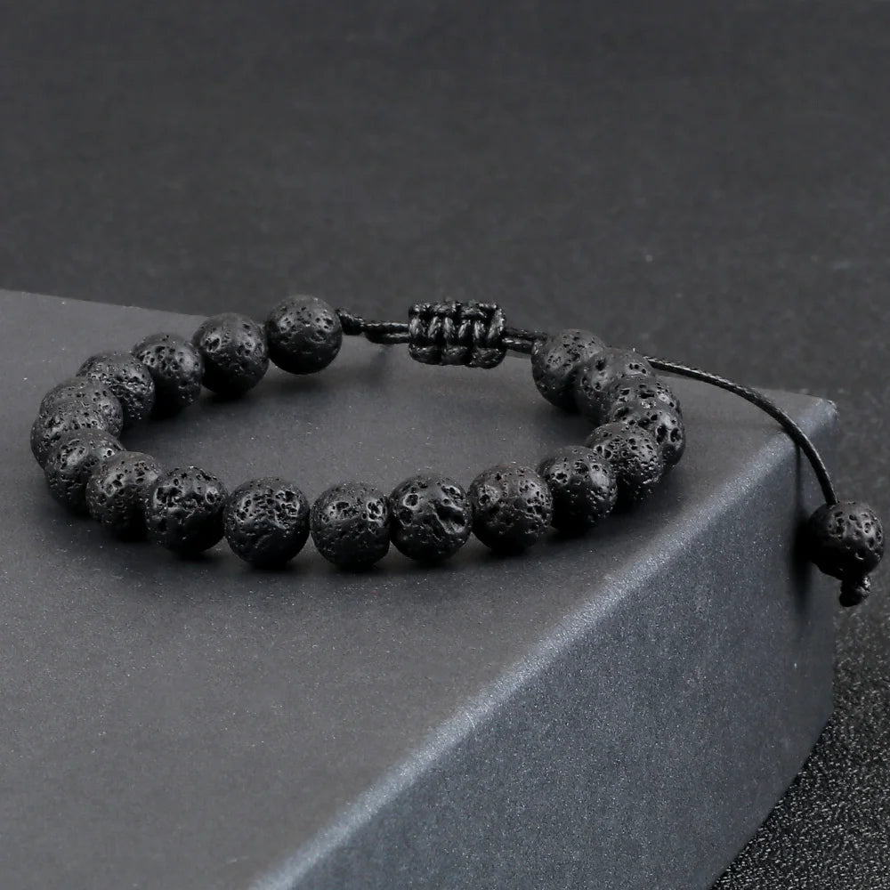 Dim Gray 8mm Tiger Eye Stone Beads Bracelet Adjustable Braided Rope Bangles Natural Lava Rock Men Women Yoga Healing Balance Bracelets
