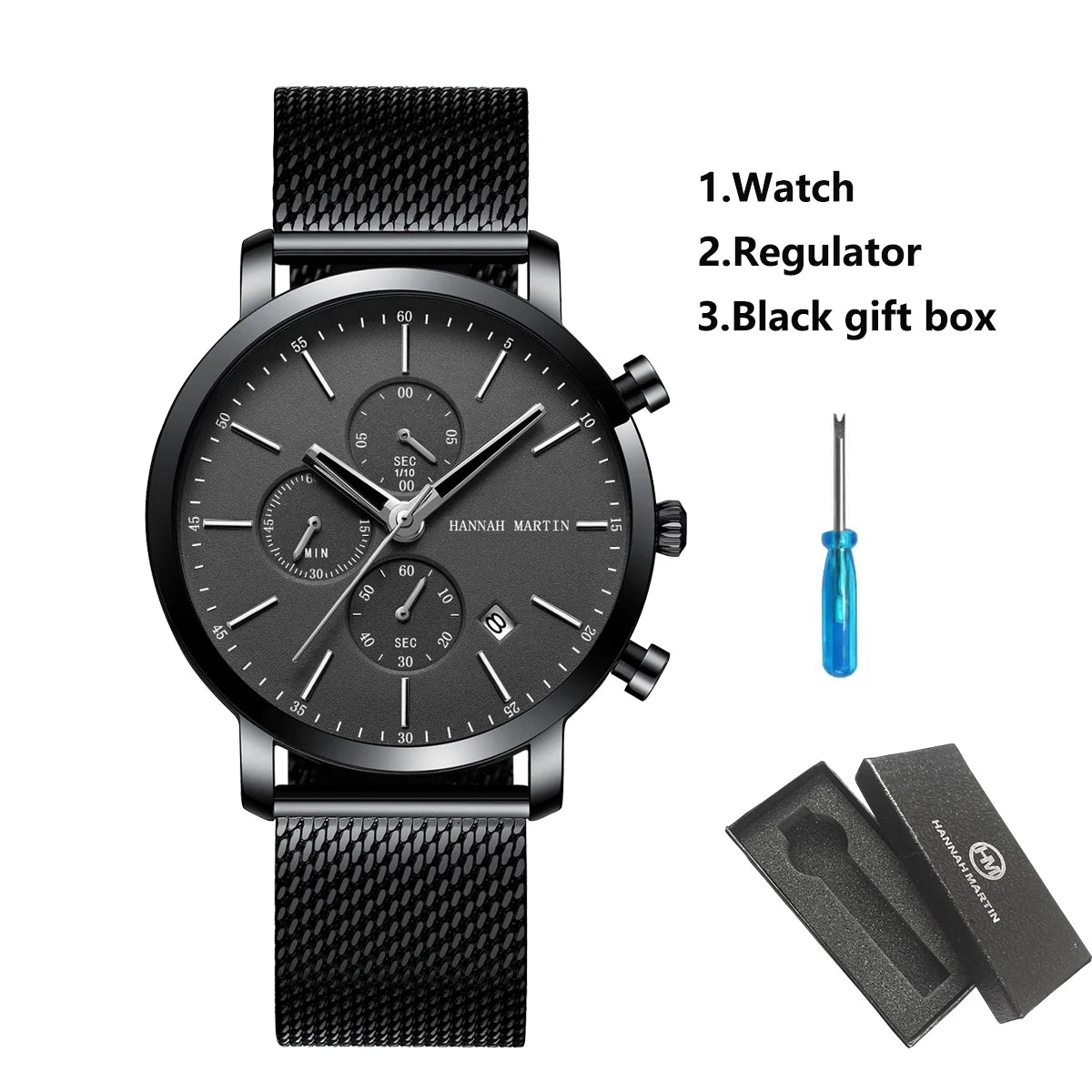 White Smoke HANNAH MARTIN Brand Top Men Watch Black Stainless Steel Fashion Waterproof Sports Multifunctional Quartz Watch Relogio Masculino