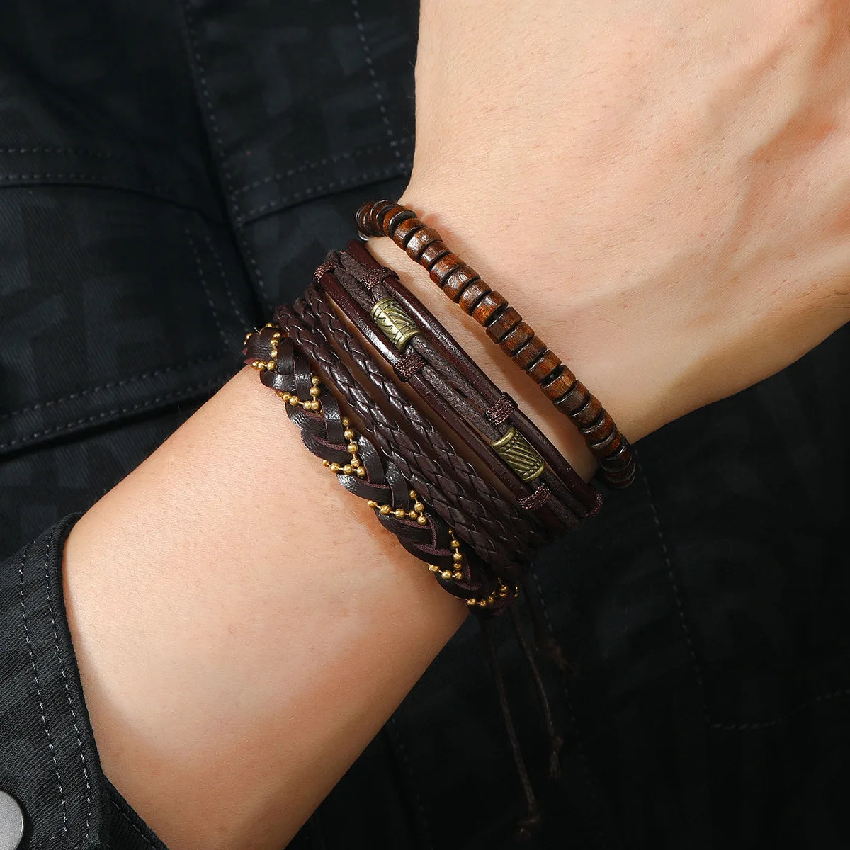 Black 6/4PCS 3Style PU Wodeen Braided Wrap Leather Bracelet for Men Vintage Life Wood Beads Fashion Male Armband