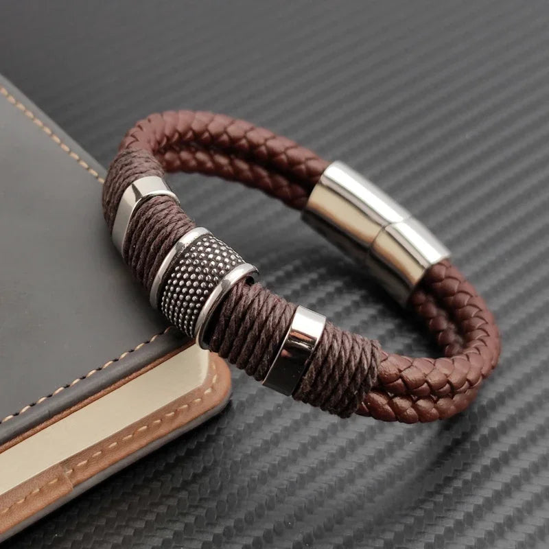 Dim Gray Luxury Vintage Multilayer Brown Leather Stainless Steel  Men Bracelet Bead Bracelet Jewelry Male Wrist Bangle Christmas Gifts