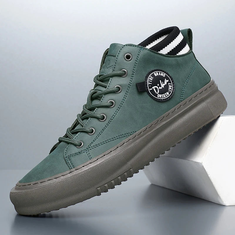 Green high-top sneaker with a brand logo on a gray background
