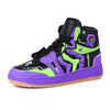 Colorful high-top sneaker with black, purple, and green design on a white background