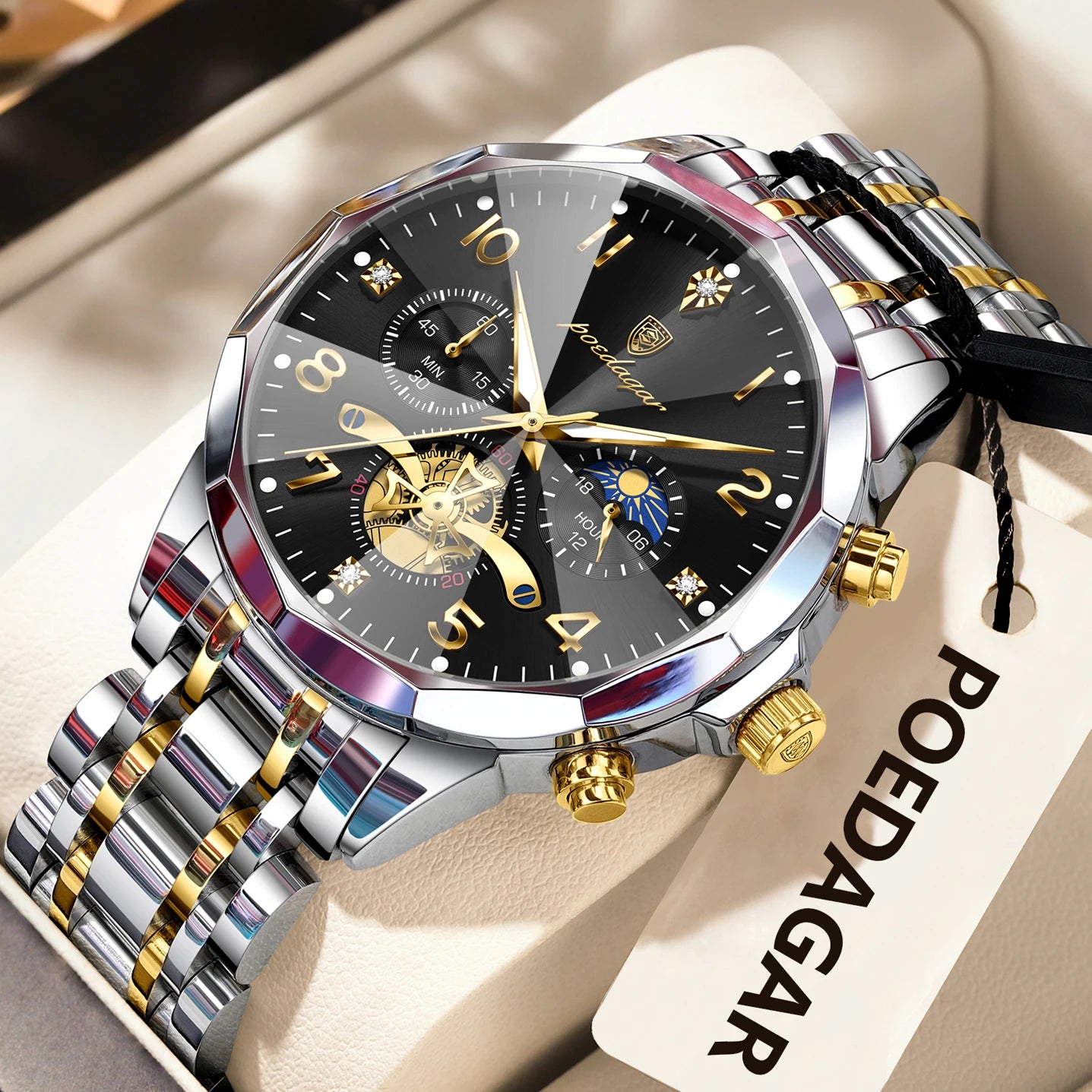 Seashell POEDAGAR Luxury High Quality Man Wristwatch Chronograph Stainless Steel Quartz Men's Watches Waterproof Luminous Men Clock Reloj