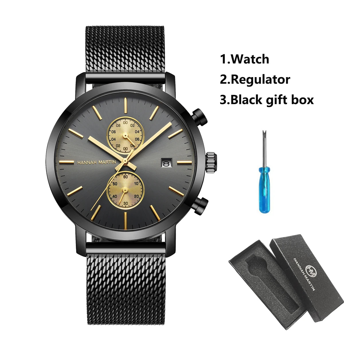 White Smoke HANNAH MARTIN Brand Top Men Watch Black Stainless Steel Fashion Waterproof Sports Multifunctional Quartz Watch Relogio Masculino