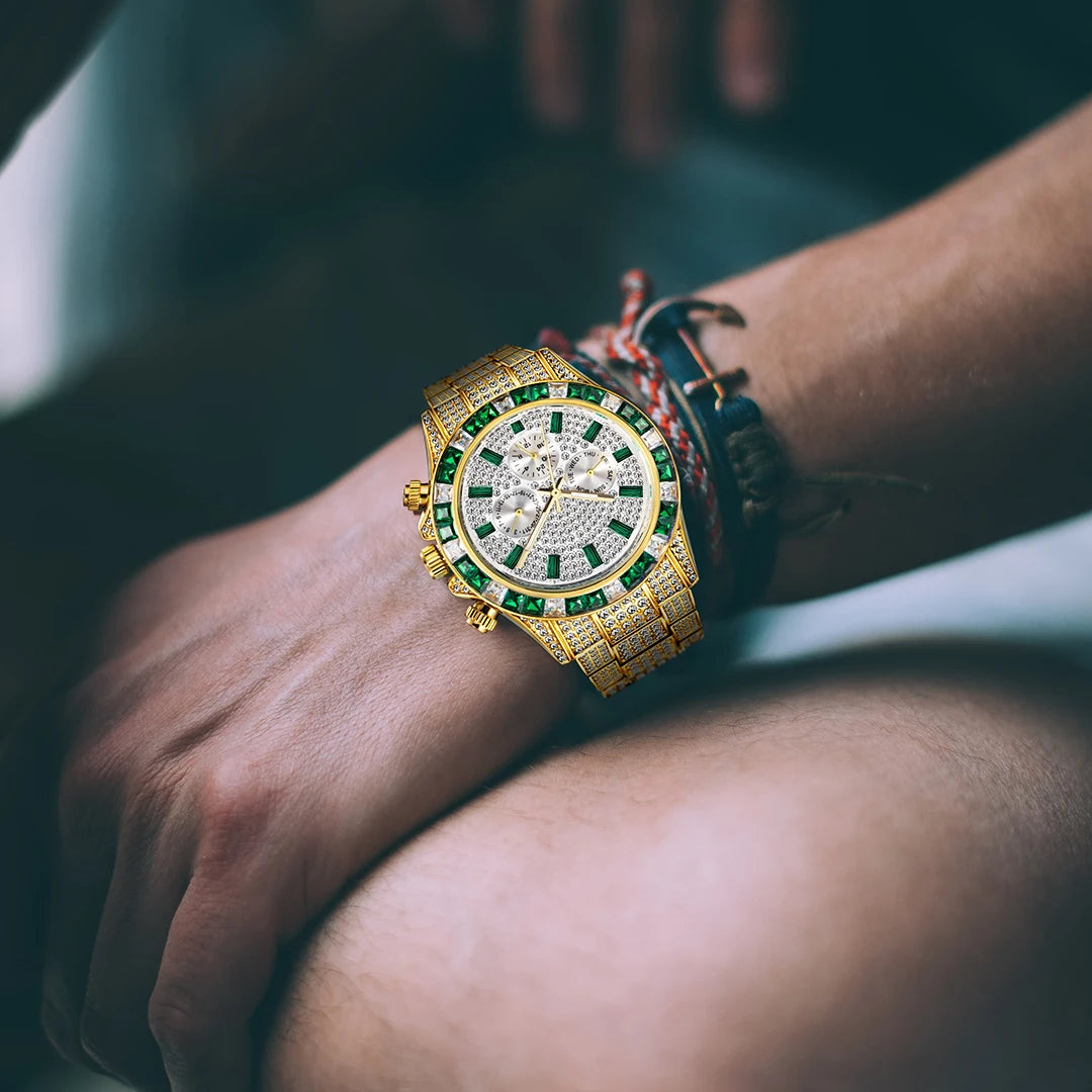 Dark Slate Gray Hot Fashion Green Watches Men Brand UNIGUET Luxury Stainless Steel Hip Hop Rainbow Diamond Quartz Wristwatch Male Dropshipping