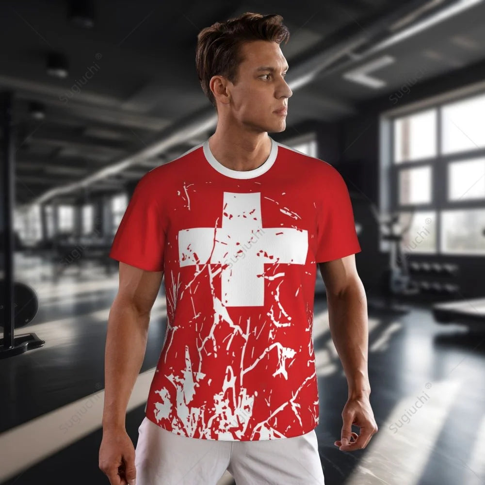 Exclusive design Switzerland Flag Grain 3D Printed Men For Running Bike Soccer Tennis Fitness Sports tshirt Mesh Short T-shirt