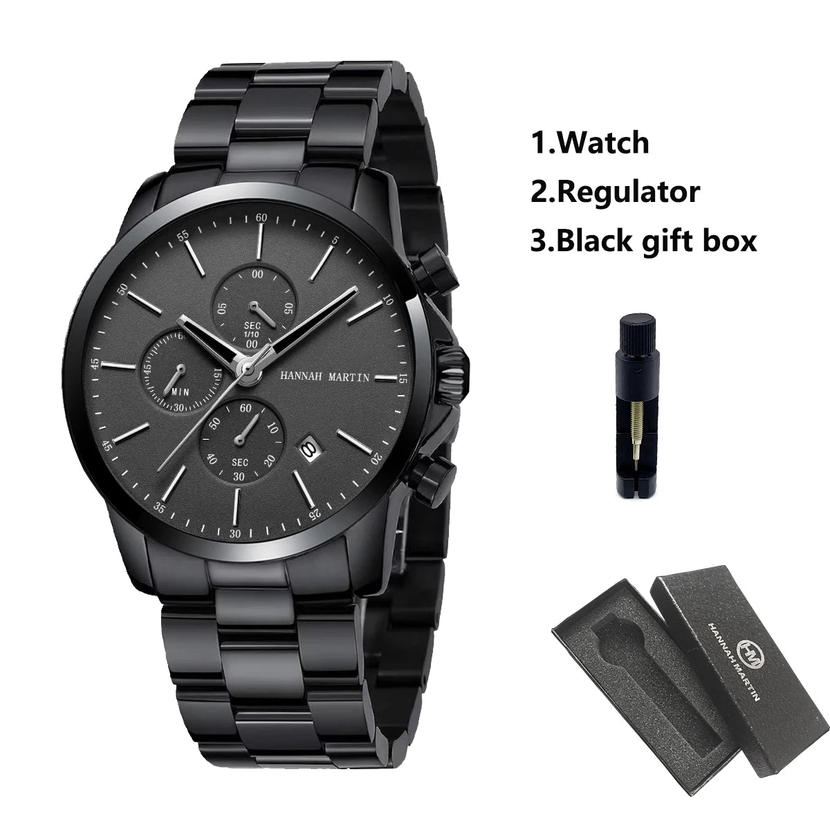 White Smoke HANNAH MARTIN Brand Top Men Watch Black Stainless Steel Fashion Waterproof Sports Multifunctional Quartz Watch Relogio Masculino