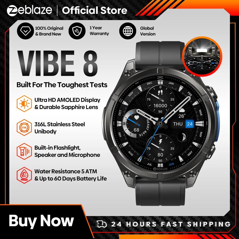 Black NEW 2025 Zeblaze VIBE 8 Voice Calling 1.43" AMOLED Display Smart Watch Built-in Flashlight Heart Rate Blood Pressure Smart Watch