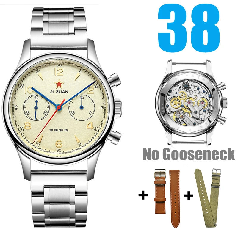 White Smoke RED STAR 38mm Men's 1963 Chronograph Mechanical Watch Pilot with Seagull Movement ST1901 Air Force Aviation Sapphire Goose 40mm