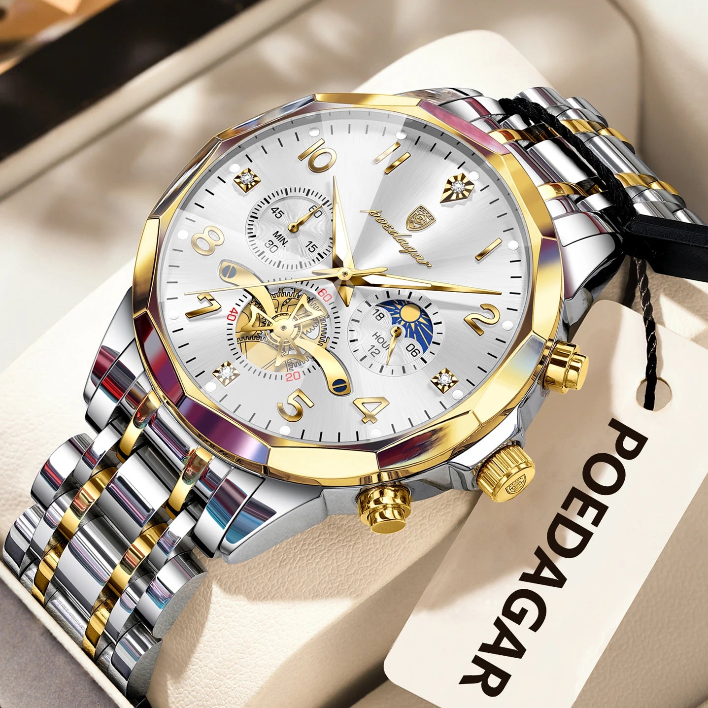 Seashell POEDAGAR Luxury High Quality Man Wristwatch Chronograph Stainless Steel Quartz Men's Watches Waterproof Luminous Men Clock Reloj