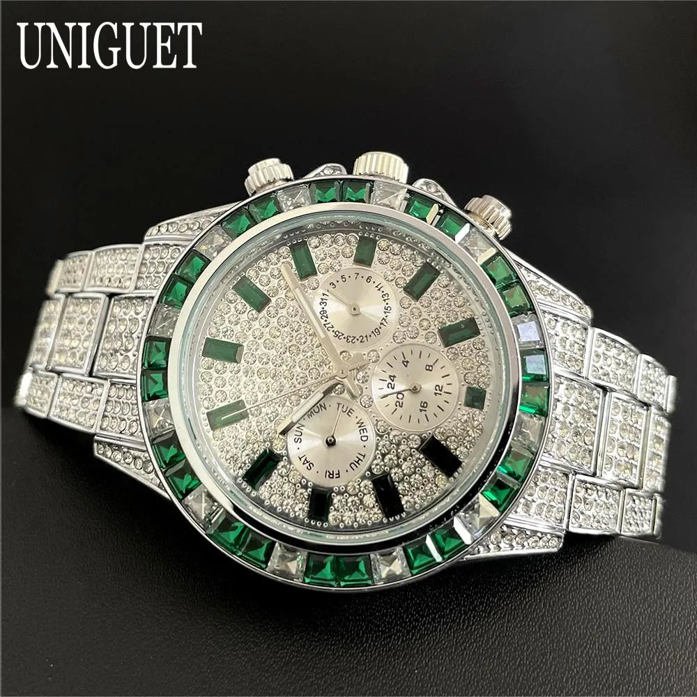Dark Slate Gray Hot Fashion Green Watches Men Brand UNIGUET Luxury Stainless Steel Hip Hop Rainbow Diamond Quartz Wristwatch Male Dropshipping