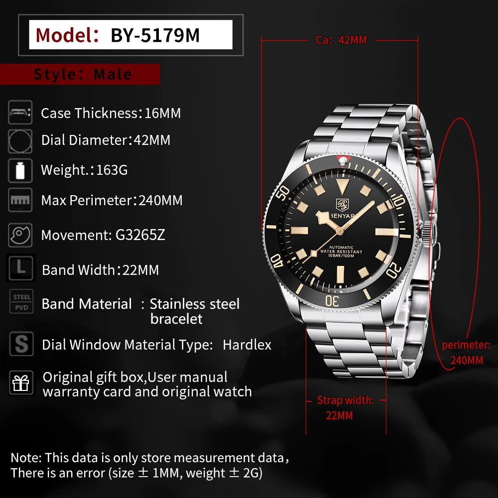Black BENYAR Men's Watches Mechanical Automatic Watch BB58 Sport Watch For Men 2026 Stainless Steel Waterproof Business Luminous Clock