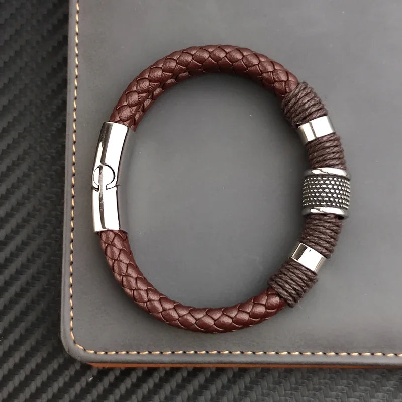 Light Slate Gray Luxury Vintage Multilayer Brown Leather Stainless Steel  Men Bracelet Bead Bracelet Jewelry Male Wrist Bangle Christmas Gifts