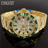 Black Hot Fashion Green Watches Men Brand UNIGUET Luxury Stainless Steel Hip Hop Rainbow Diamond Quartz Wristwatch Male Dropshipping