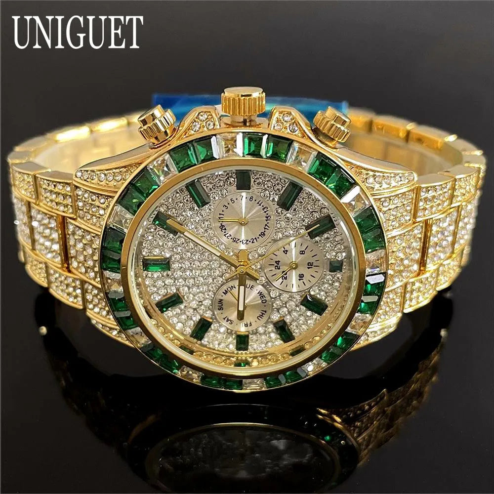 Black Hot Fashion Green Watches Men Brand UNIGUET Luxury Stainless Steel Hip Hop Rainbow Diamond Quartz Wristwatch Male Dropshipping