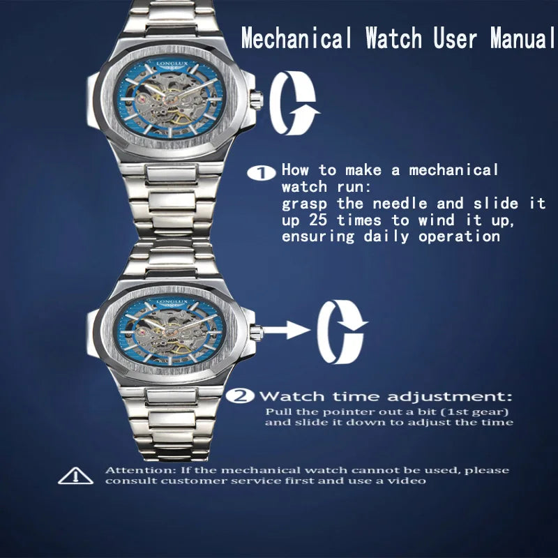 Midnight Blue LONGLUX Men automatic mechanical watch luxury watches waterproof skeleton business cheap wholesale stainless steel gift watch