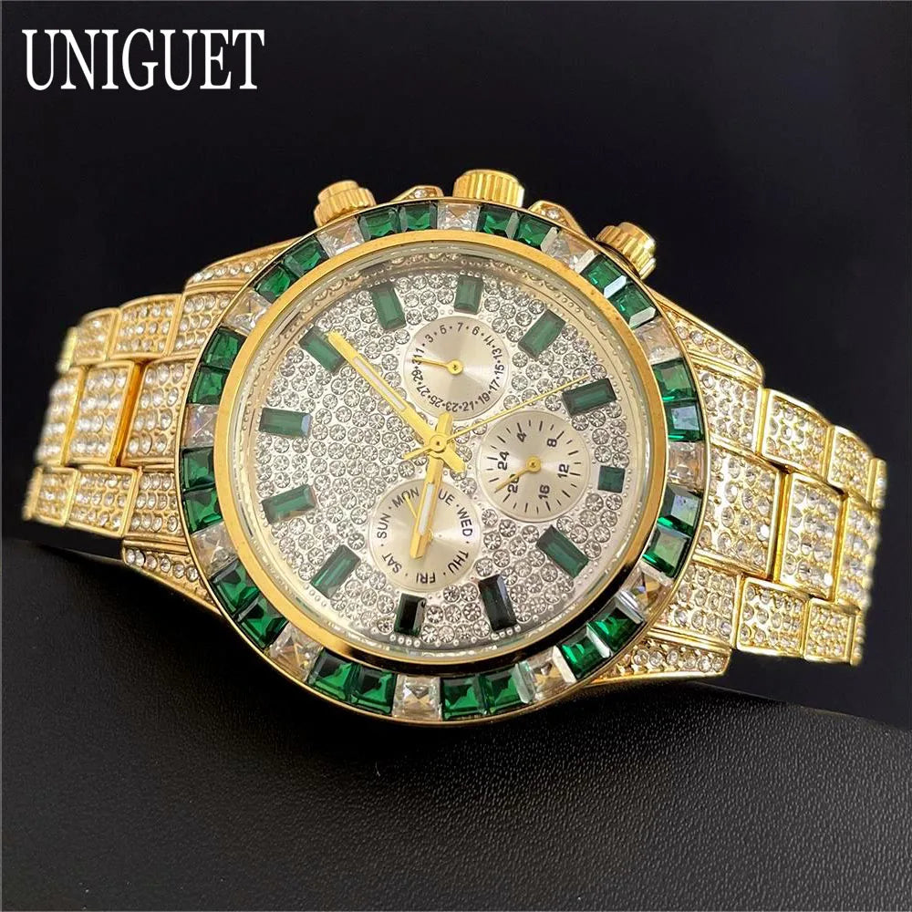 Black Hot Fashion Green Watches Men Brand UNIGUET Luxury Stainless Steel Hip Hop Rainbow Diamond Quartz Wristwatch Male Dropshipping