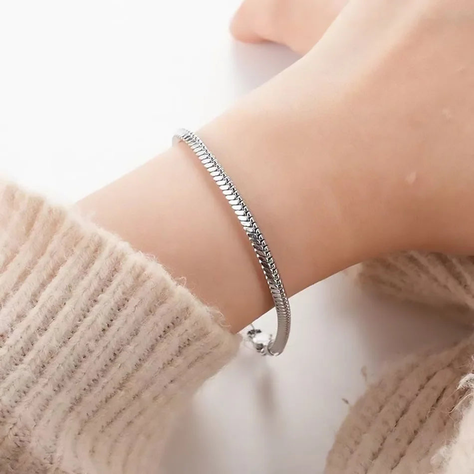 White Smoke 925 Sterling Silver 3mm Snake Bone Bracelet Simple Style For Women Men Daily and Party Wear All Seasons Jewelry 16-23cm