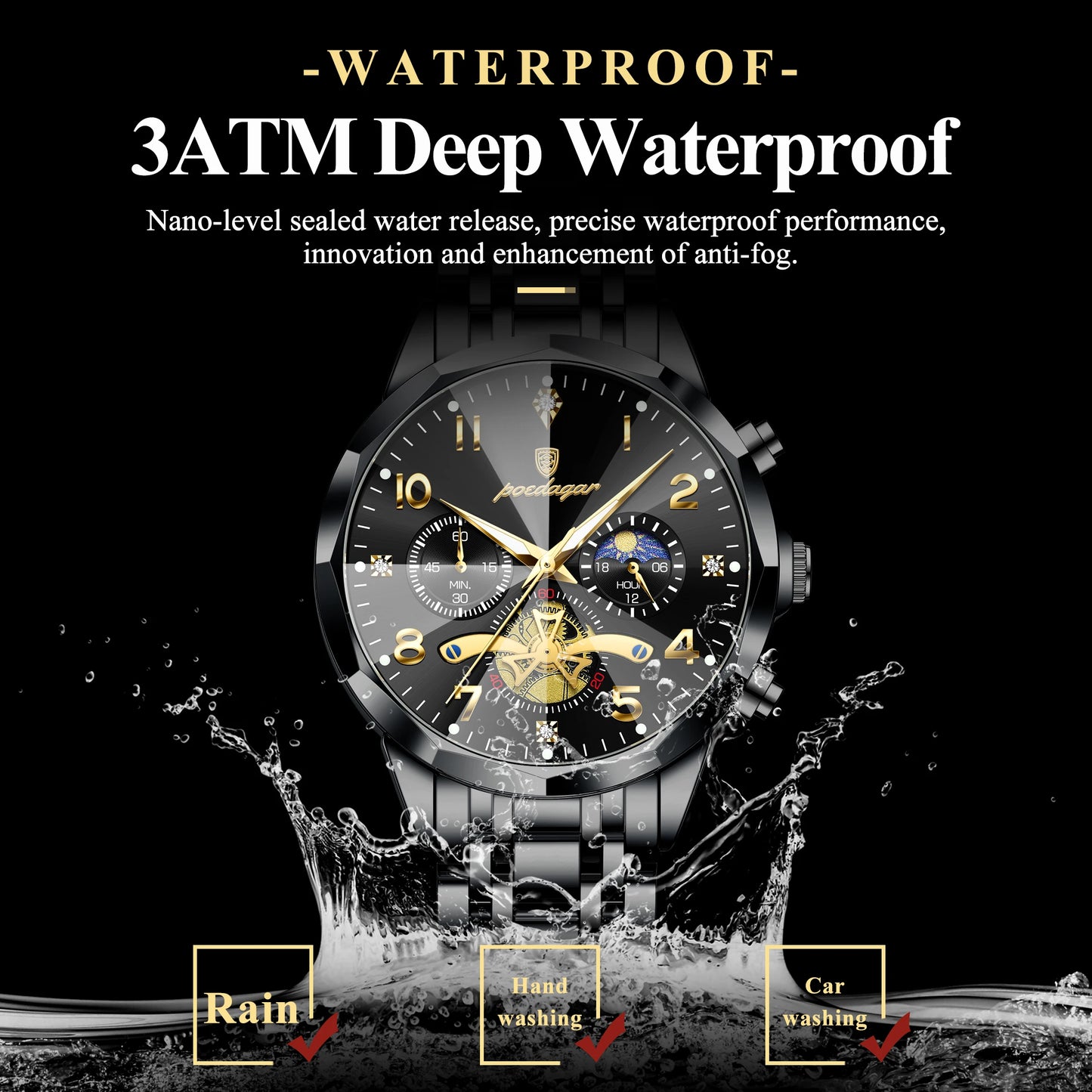 Black POEDAGAR Luxury High Quality Man Wristwatch Chronograph Stainless Steel Quartz Men's Watches Waterproof Luminous Men Clock Reloj