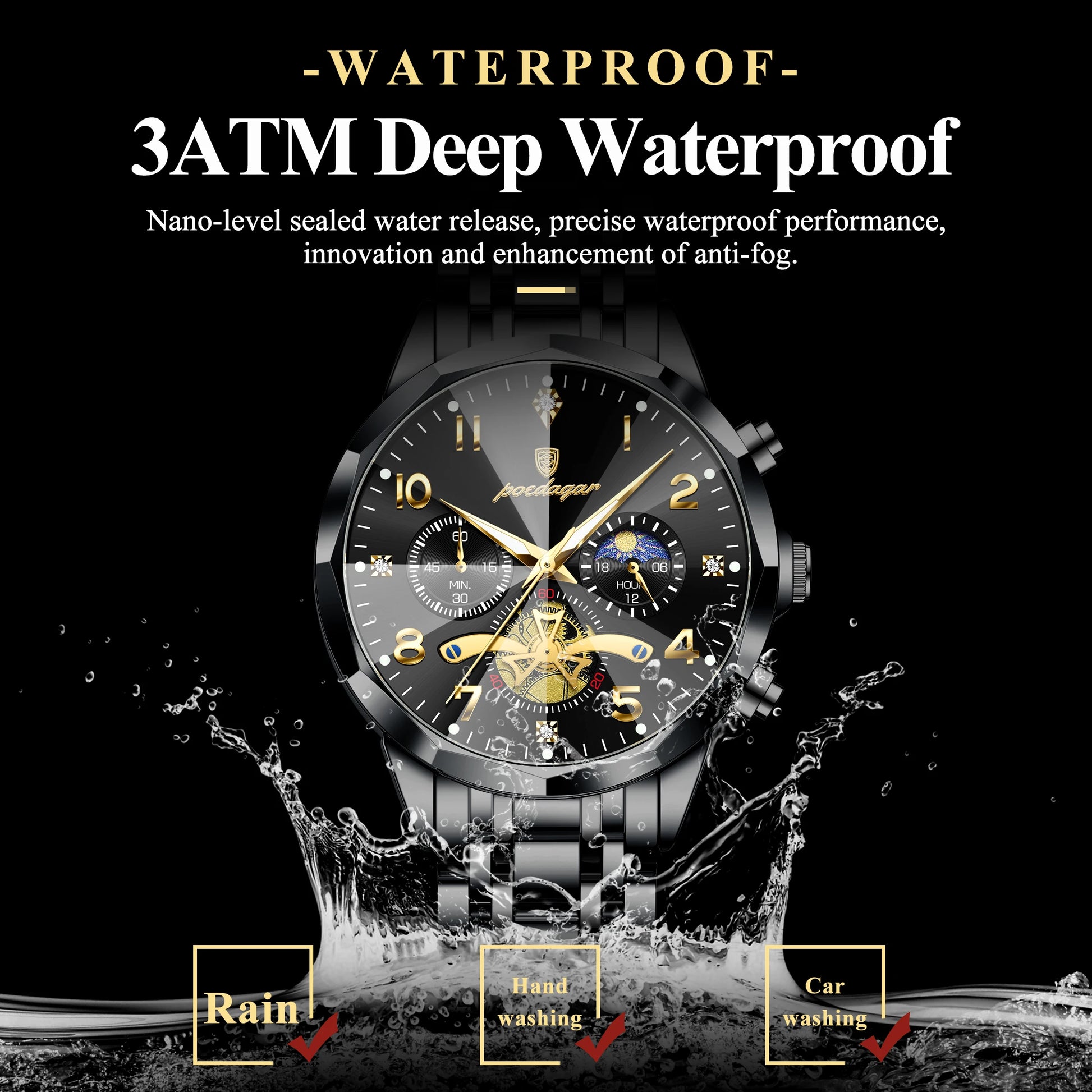Black POEDAGAR Luxury High Quality Man Wristwatch Chronograph Stainless Steel Quartz Men's Watches Waterproof Luminous Men Clock Reloj