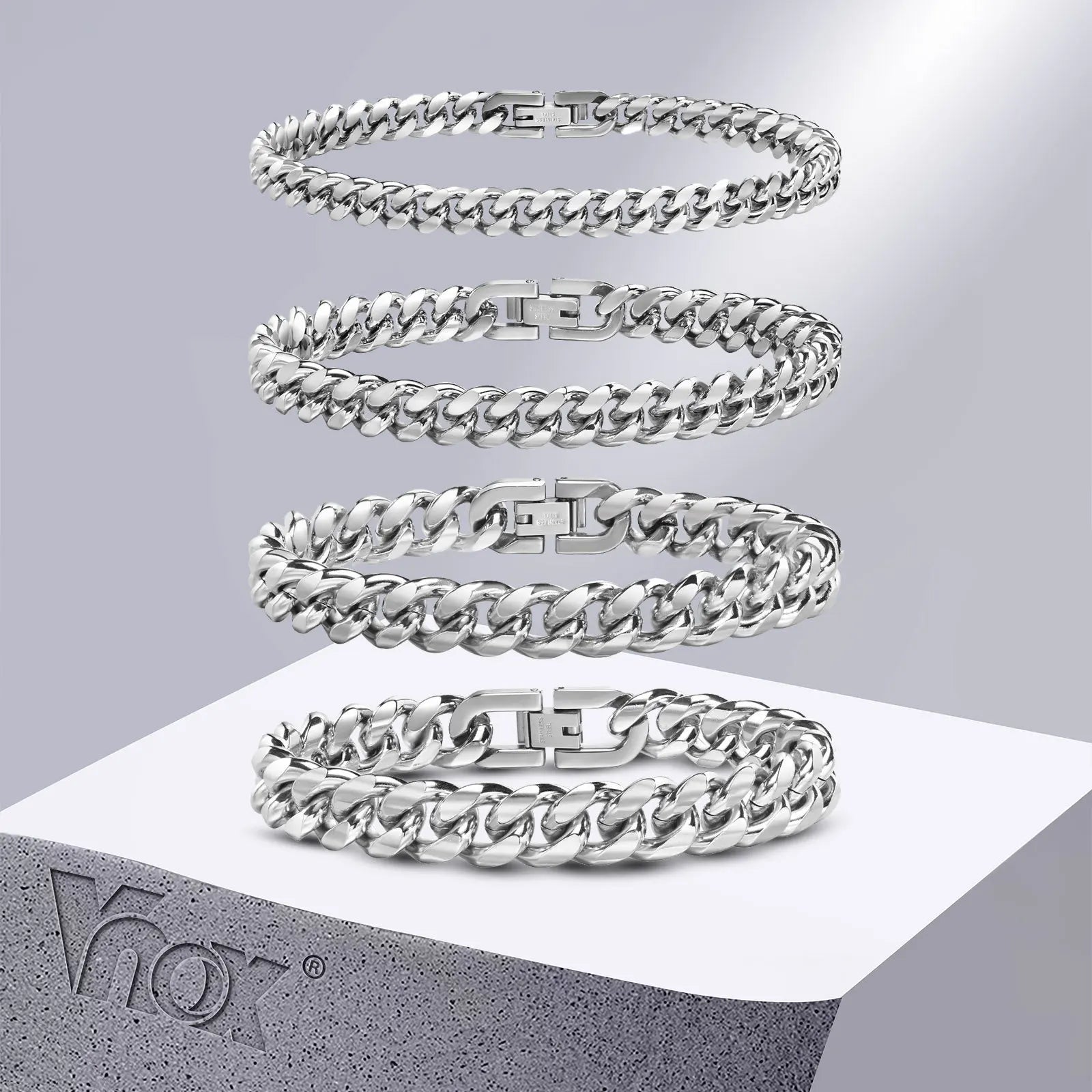 Gray Vnox 6/8/10/12mm Cuban Chain Bracelets for Men Women, Solid Stainless Steel Curb Link Chain Wristband Jewelry