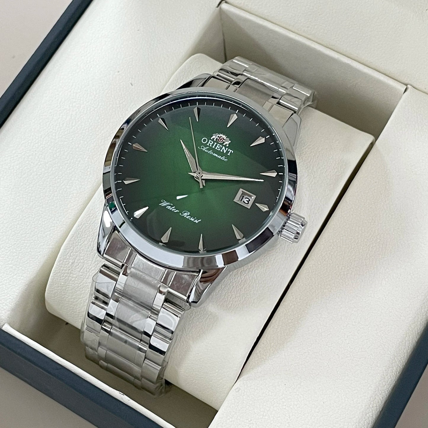 Lavender Orient Automatic Men's Watch, Black Dial Stainless Steel Band, Water Resistant Classic Business Wristwatch with Date Display