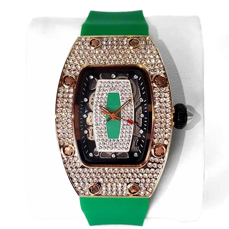 White Smoke 2025 Hot Selling Green Watch For Women Fashion Tonneau Quartz Clock Ladies Elegant Iced Diamond Jewelry Wrist Watch Girl Gift