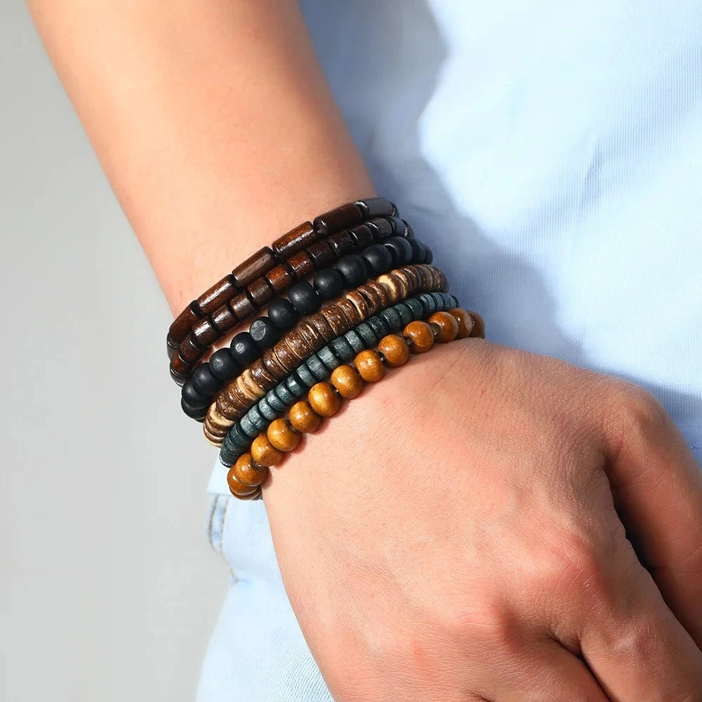 Light Gray 6/4PCS 3Style PU Wodeen Braided Wrap Leather Bracelet for Men Vintage Life Wood Beads Fashion Male Armband
