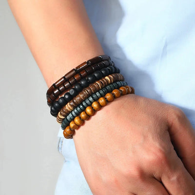 Light Gray 6/4PCS 3Style PU Wodeen Braided Wrap Leather Bracelet for Men Vintage Life Wood Beads Fashion Male Armband