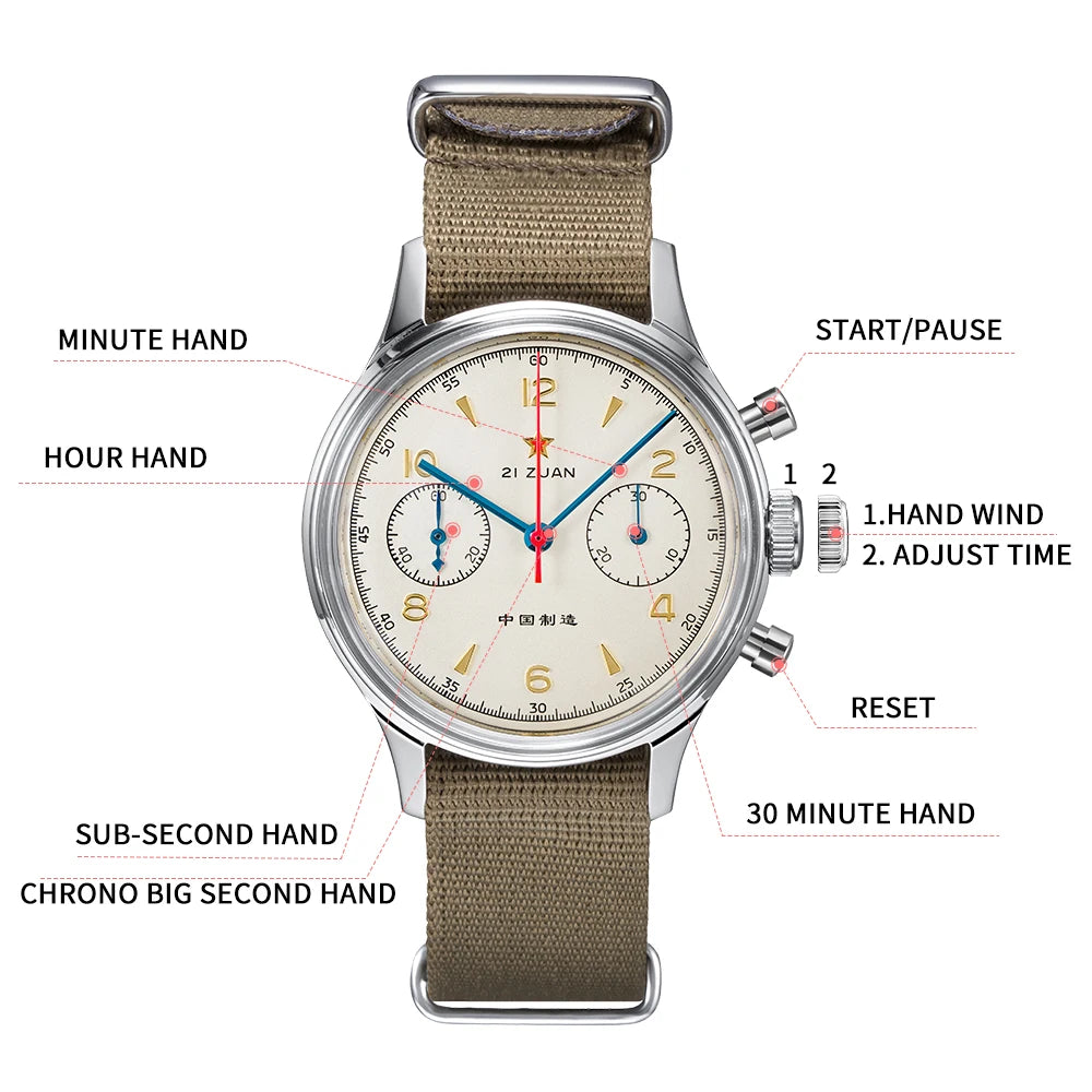 White Smoke RED STAR 38mm Men's 1963 Chronograph Mechanical Watch Pilot with Seagull Movement ST1901 Air Force Aviation Sapphire Goose 40mm