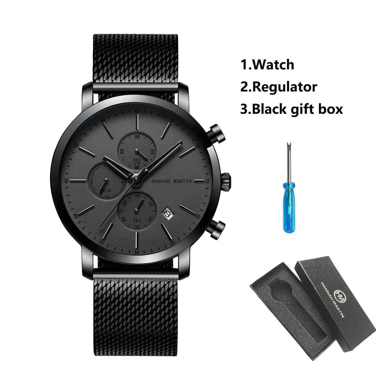 White Smoke HANNAH MARTIN Brand Top Men Watch Black Stainless Steel Fashion Waterproof Sports Multifunctional Quartz Watch Relogio Masculino